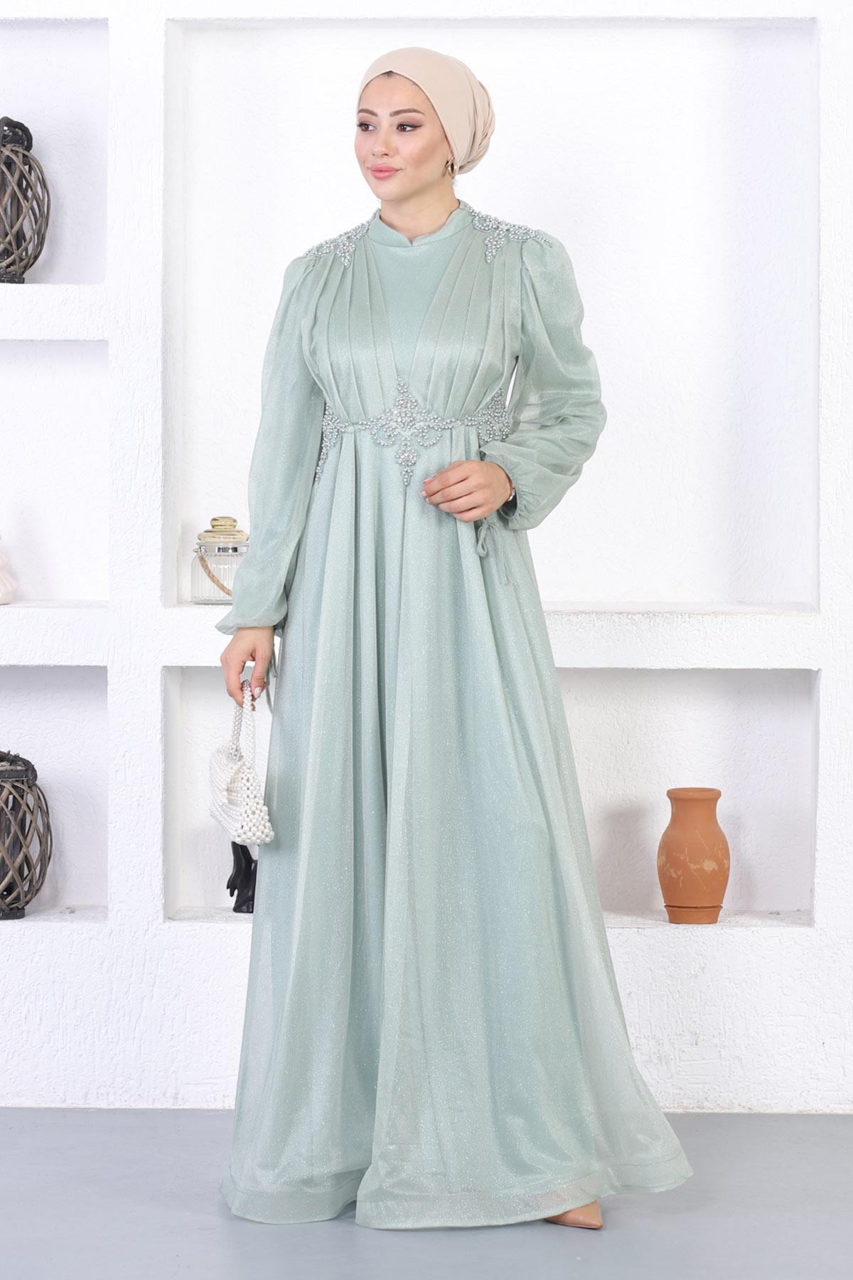 İncili Dantelli Simli Abiye Mint 12252