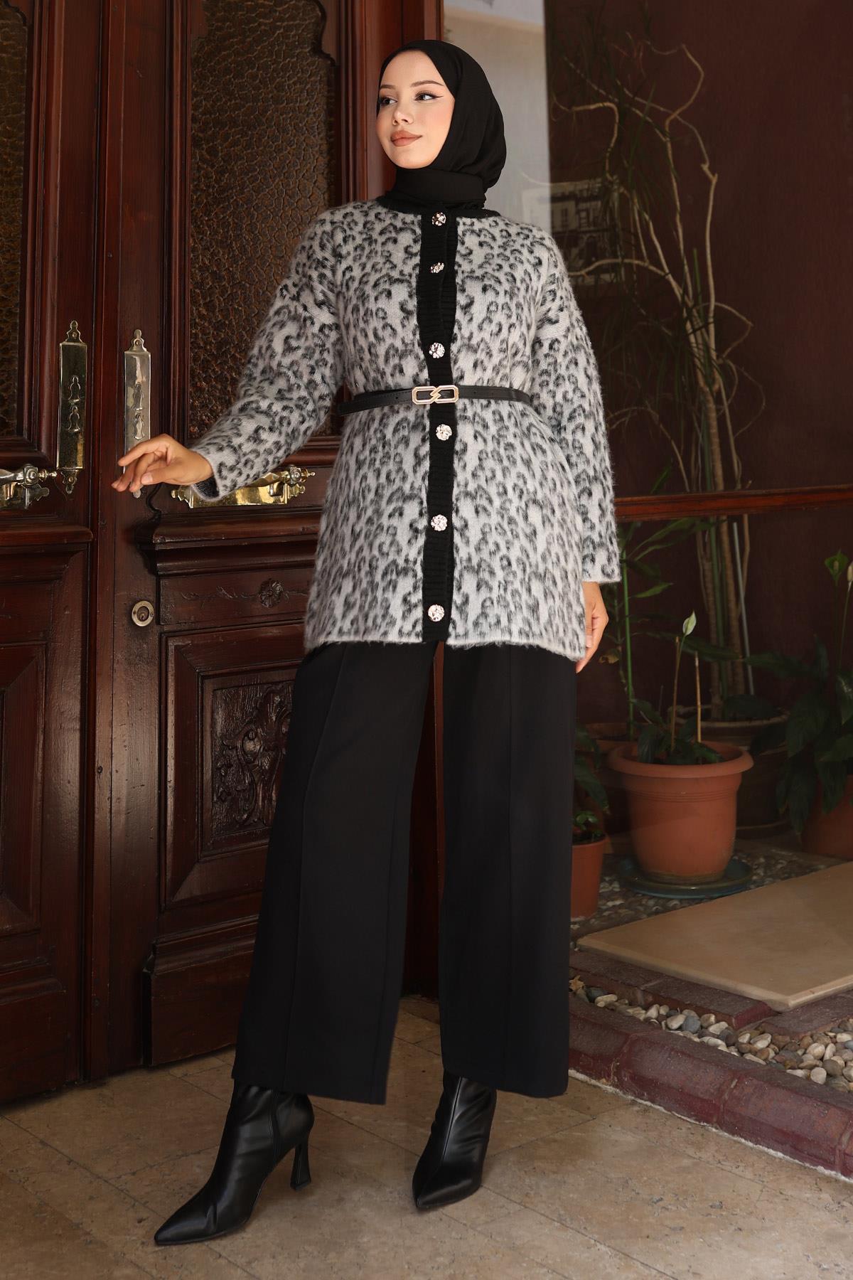 Leopar Desenli Triko Takım Gri 6147