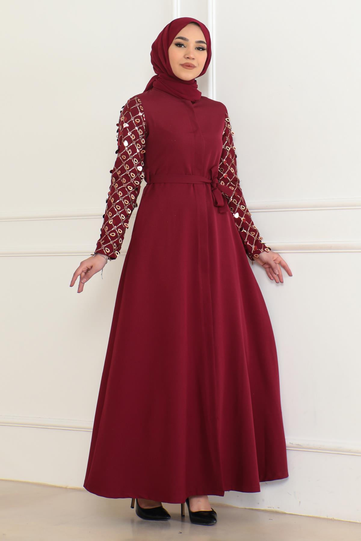 Saçak Detaylı Elbise Bordo 6115