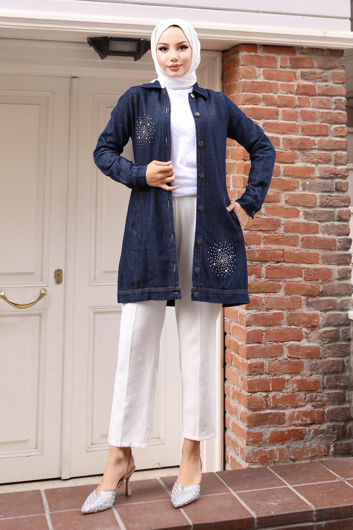 Taş Detaylı Kot Gömlek Koyu Kot 19400