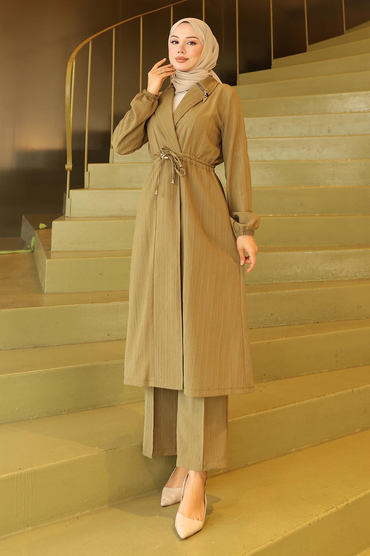 Yakası Fermuar Detaylı Takım Haki 19276