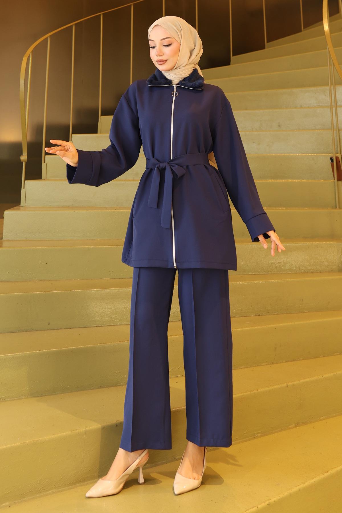 Yakası Kürk Detaylı Takım İndigo 19385