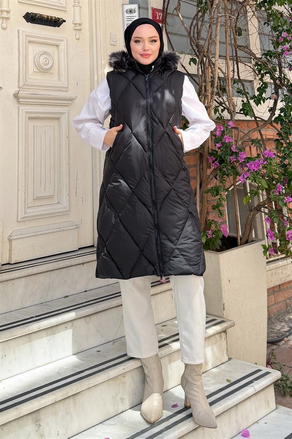 Baklava Desenli Yelek Siyah 6156