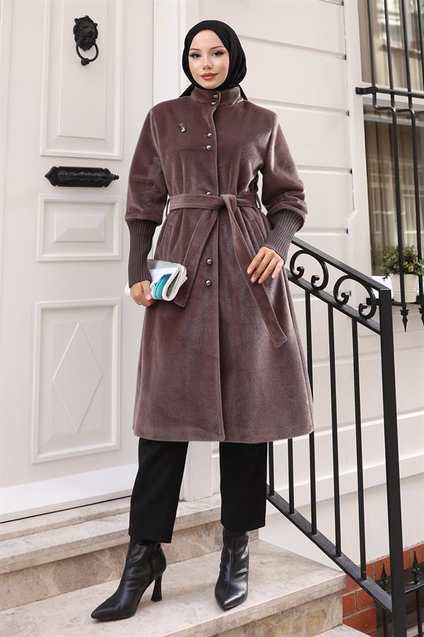 Broş Detaylı Kaban Kahverengi 19279