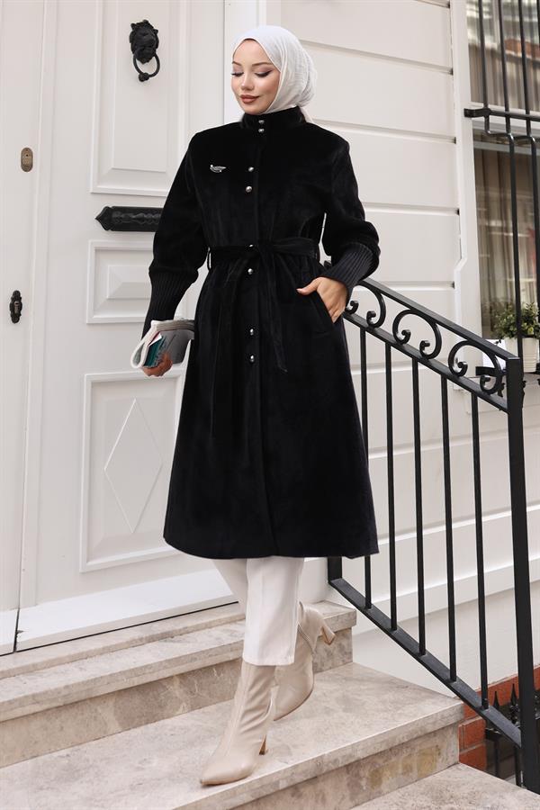 Broş Detaylı Kaban Siyah 19279