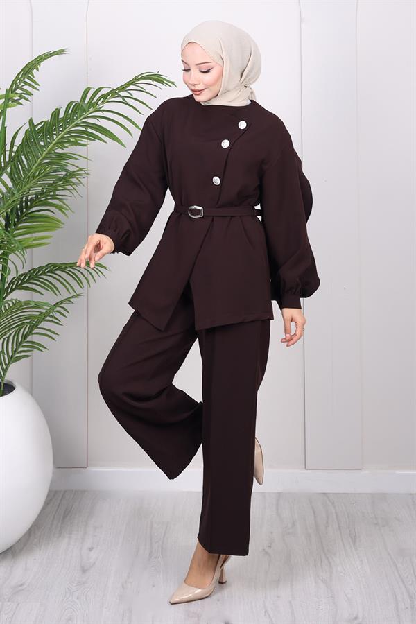 Çapraz Düğmeli İkili Takım Kahverengi Kahverengi 19288