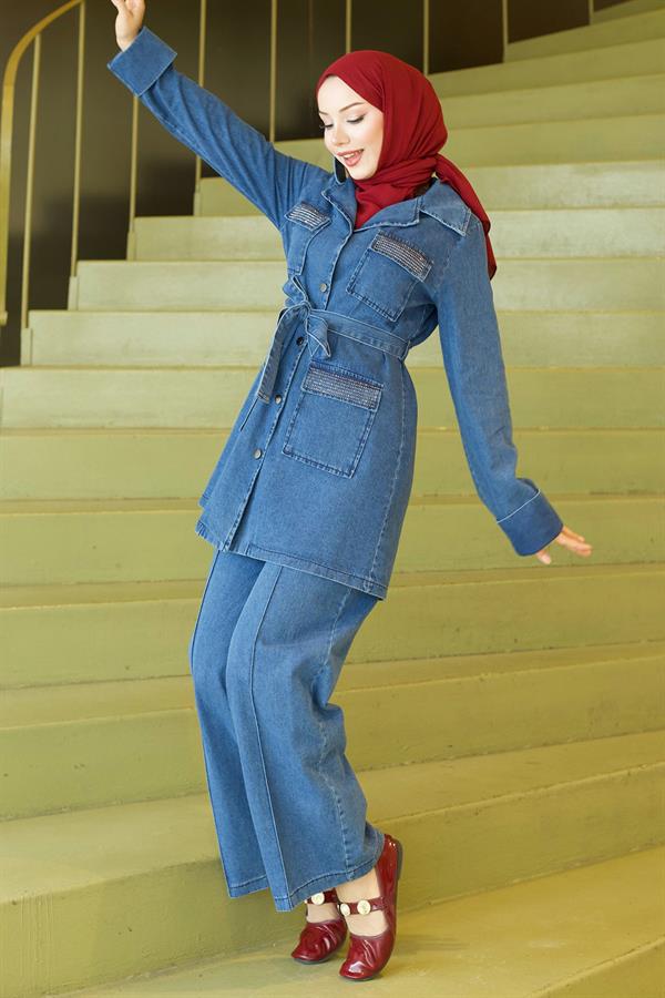 Cepleri Taş Detaylı Kot Takım Açık Mavi Açık Kot 19282