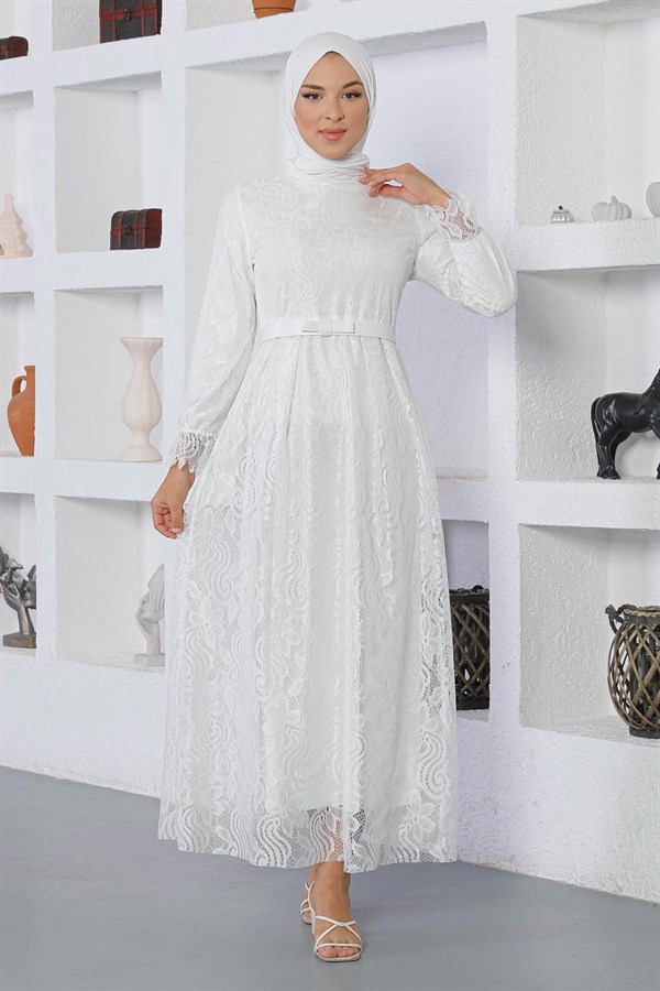 Dantelli Kemerli Elbise Beyaz 17600