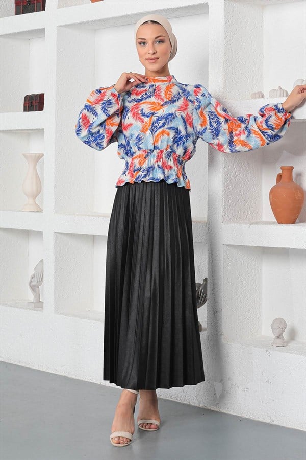 Desenli Lastikli Bluz Mavi 19800