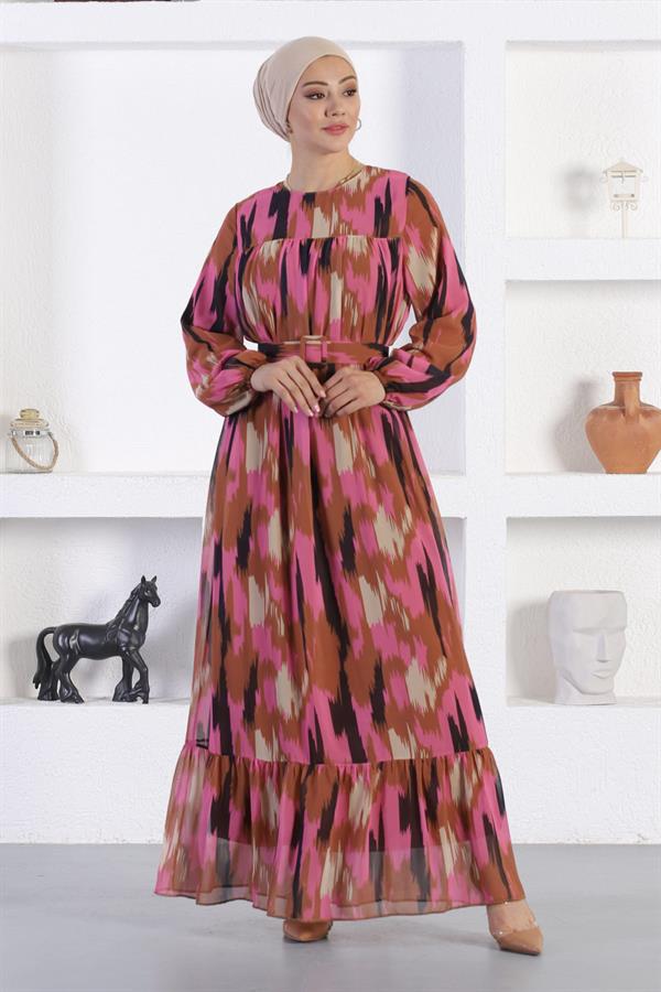 Desenli Şifon Elbise Pembe 12243