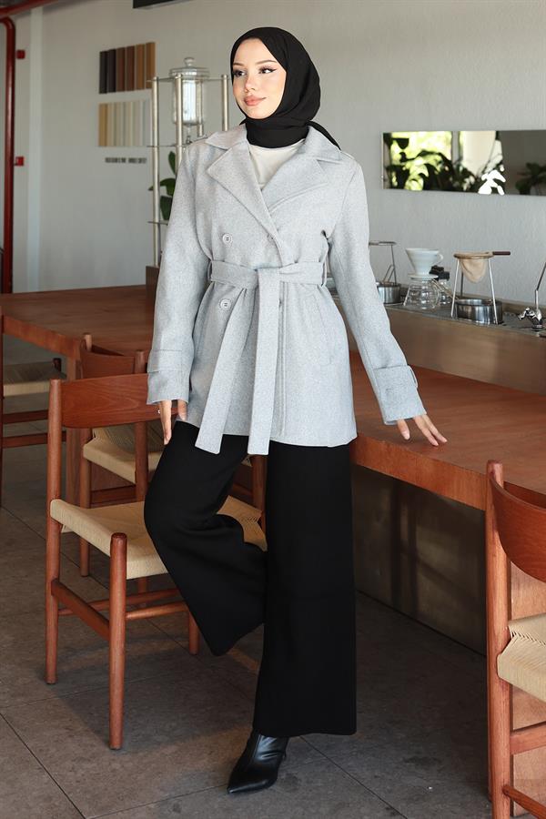 Düğme Detaylı Kaşe Kaban Gri 19274