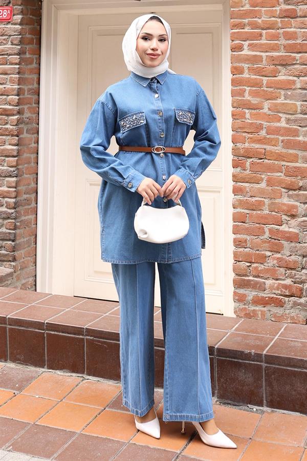 Düğmeli Taş Detaylı Kemerli Kot Takım Açık Mavi Açık Kot 19485