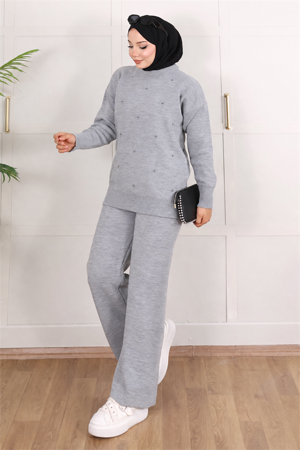 İnci Detaylı Triko İkili Takım Gri 6169