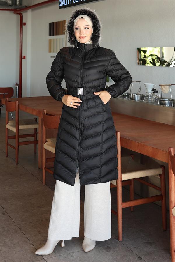 Kapşonlu Şişme Mont Siyah 6155