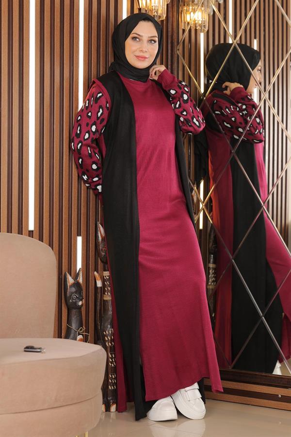 Kolları Desenli Triko Elbise Şarabi 2270-4