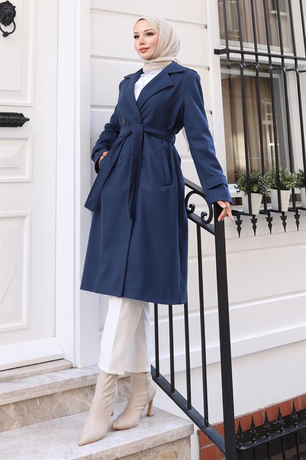 Kuşaklı Kaşe Kaban Lacivert 19271