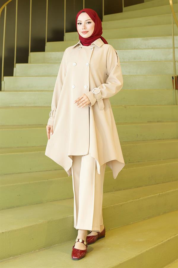 Manşet Tokalı Düğme Detaylı Takım Bej 19295