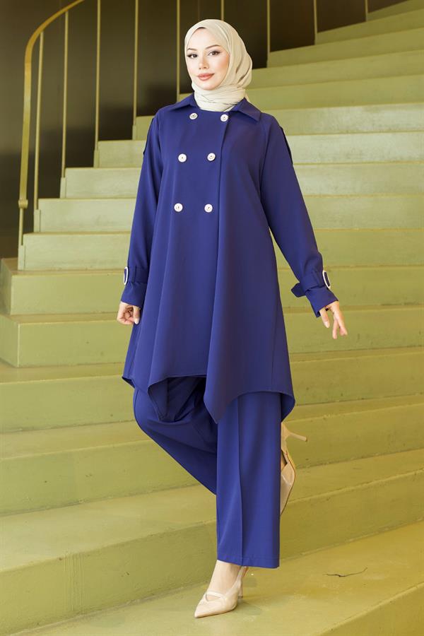 Manşet Tokalı Düğme Detaylı Takım İndigo 19295