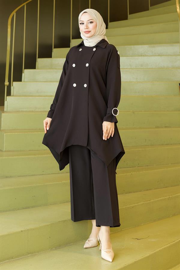 Manşet Tokalı Düğme Detaylı Takım Siyah 19295