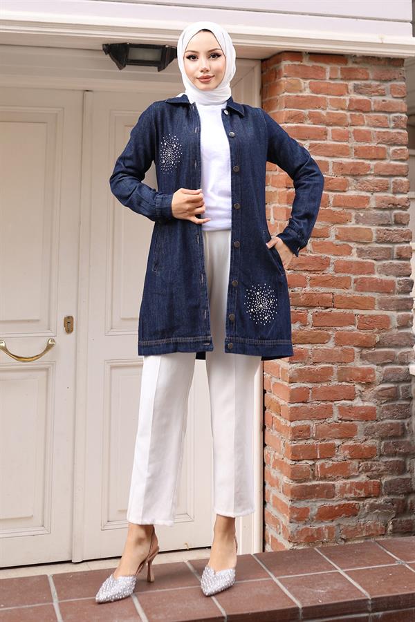 Taş Detaylı Kot Gömlek Koyu Kot 19400