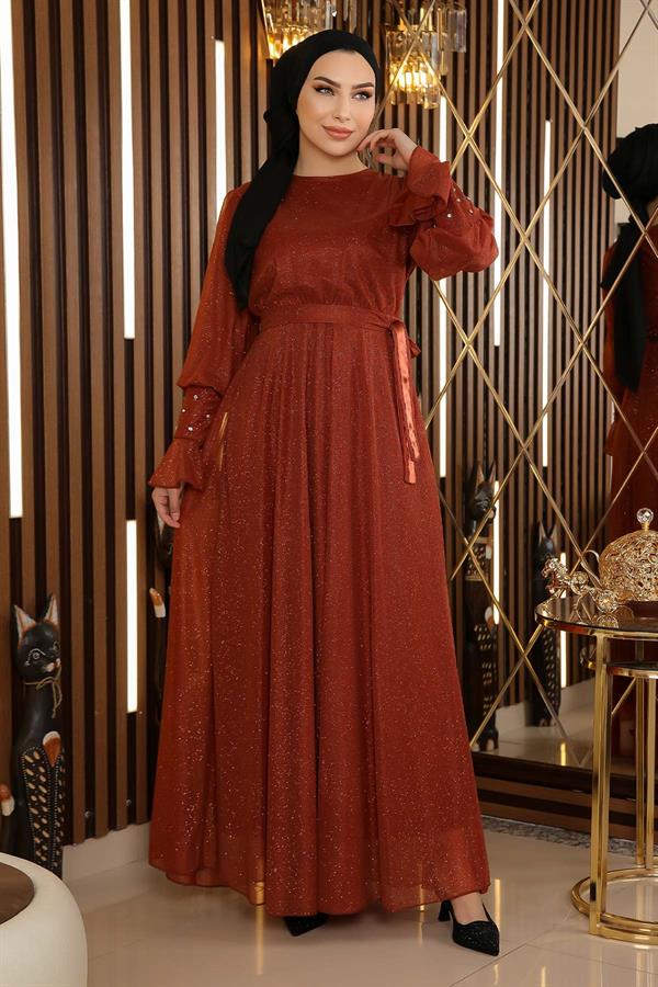 Taş Detaylı Simli Şifon Abiye Kiremit 19113