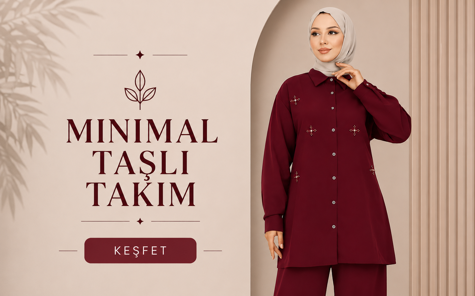 Minimal Taşlı Takım Bordo