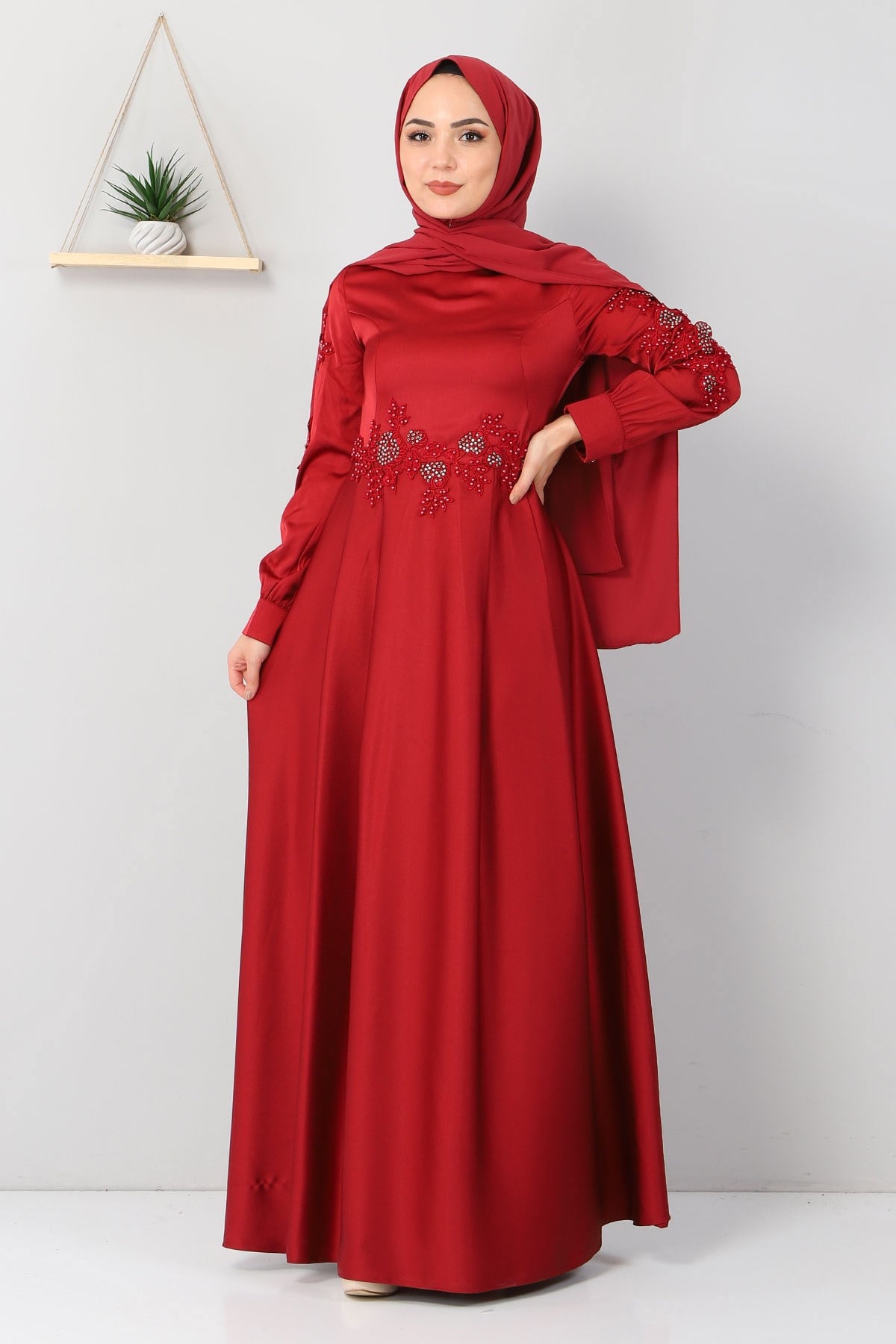 Aplike Dantelli Elbise Bordo 8494