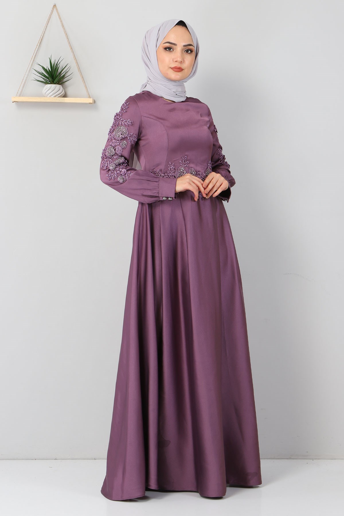 Aplike Dantelli Elbise Lila 8494