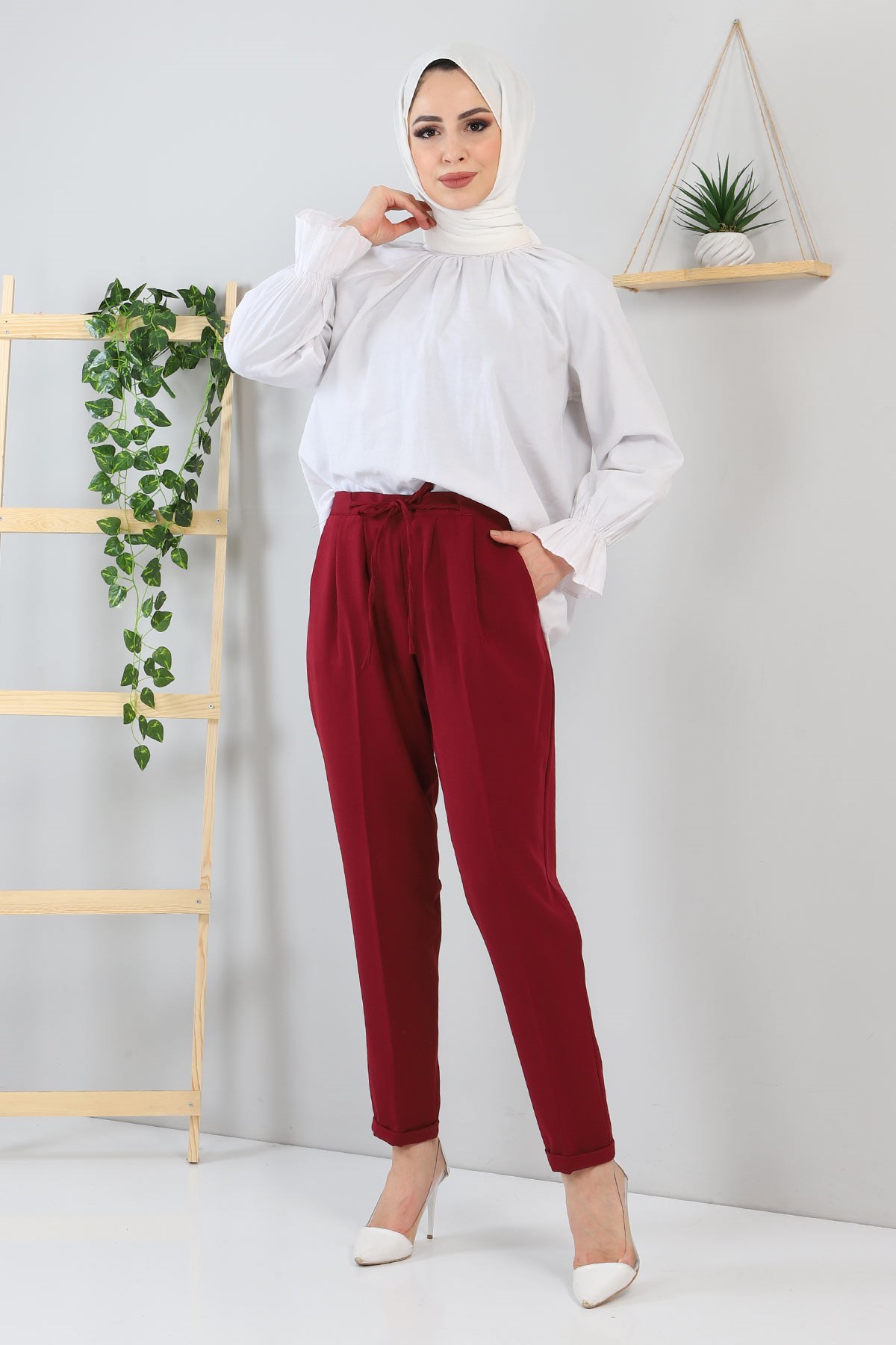Beli Bağcıklı Kumaş Pantolon Bordo 10654