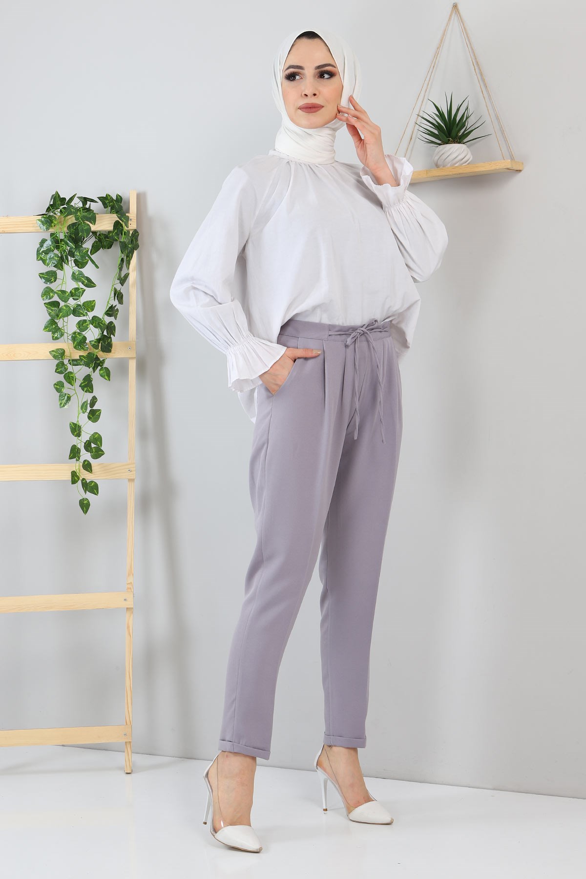 Beli Bağcıklı Kumaş Pantolon Gri 10654