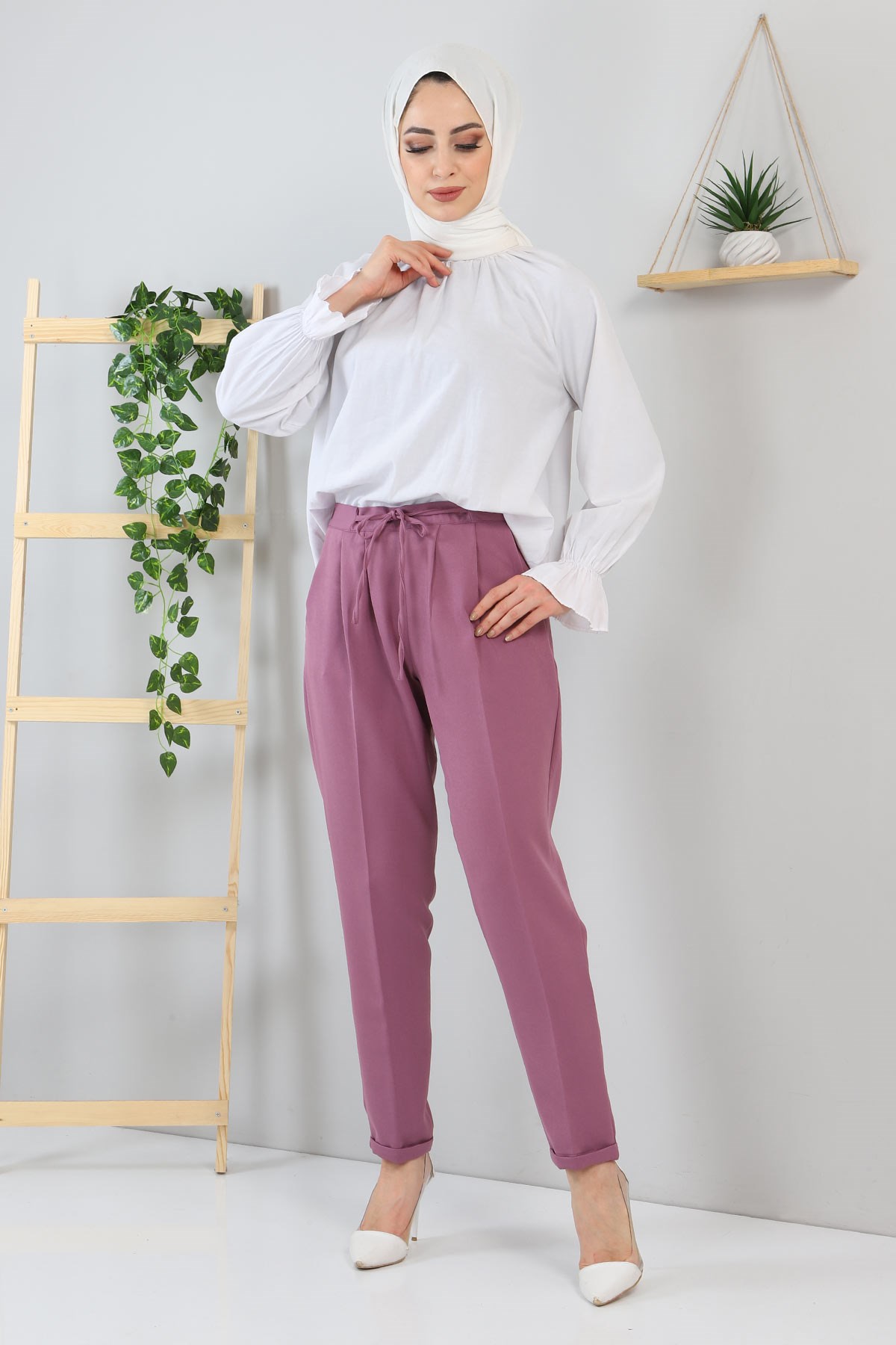 Beli Bağcıklı Kumaş Pantolon Gül Kurusu 10654