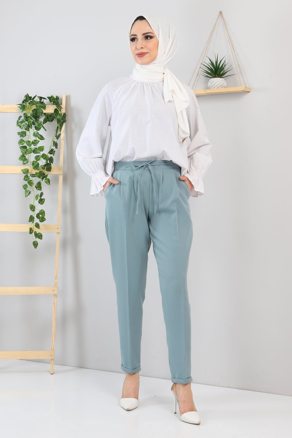 Beli Bağcıklı Kumaş Pantolon Mint 10654