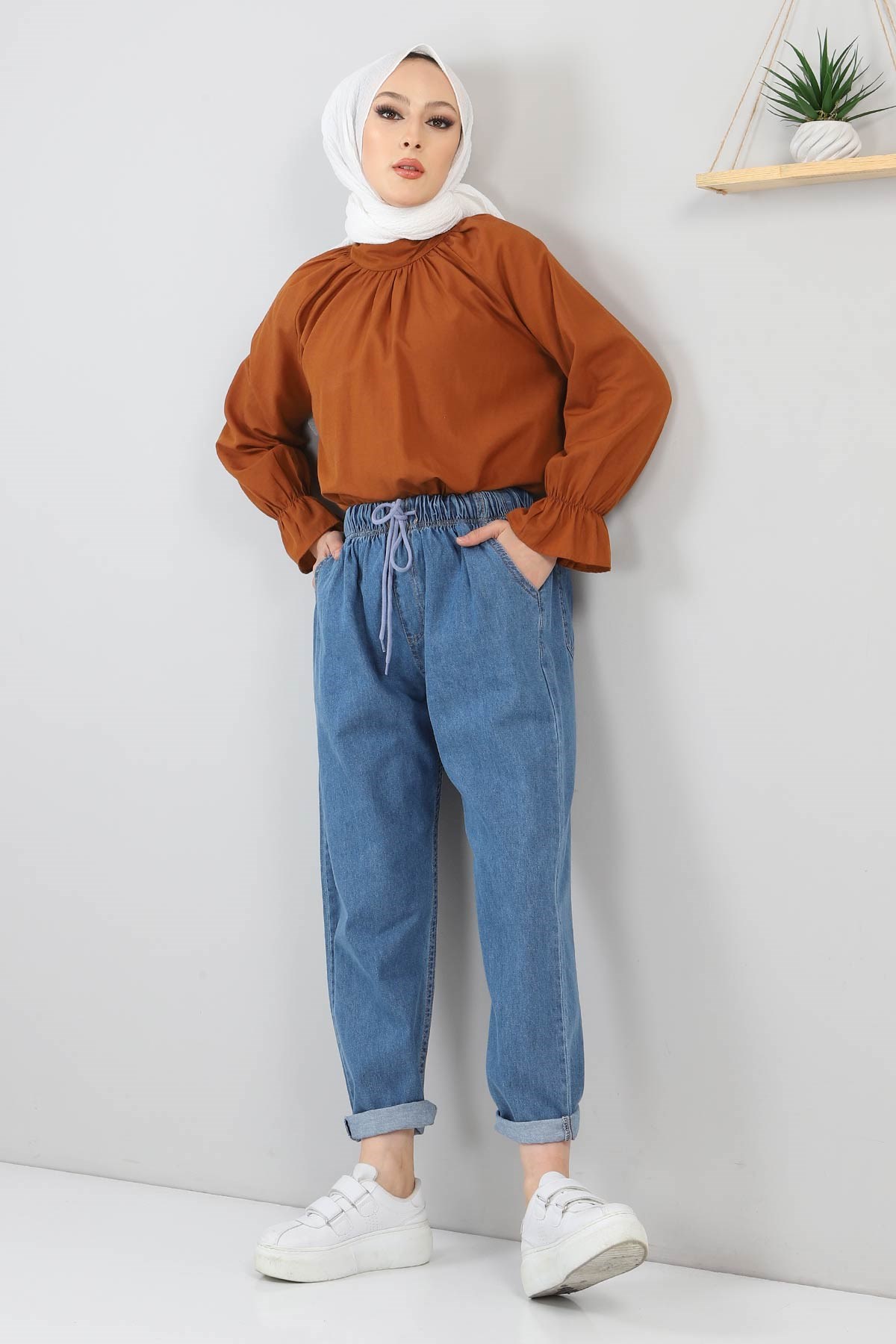 Beli Bağcıklı Lastikli Kot Pantolon Buz Mavisi 6017