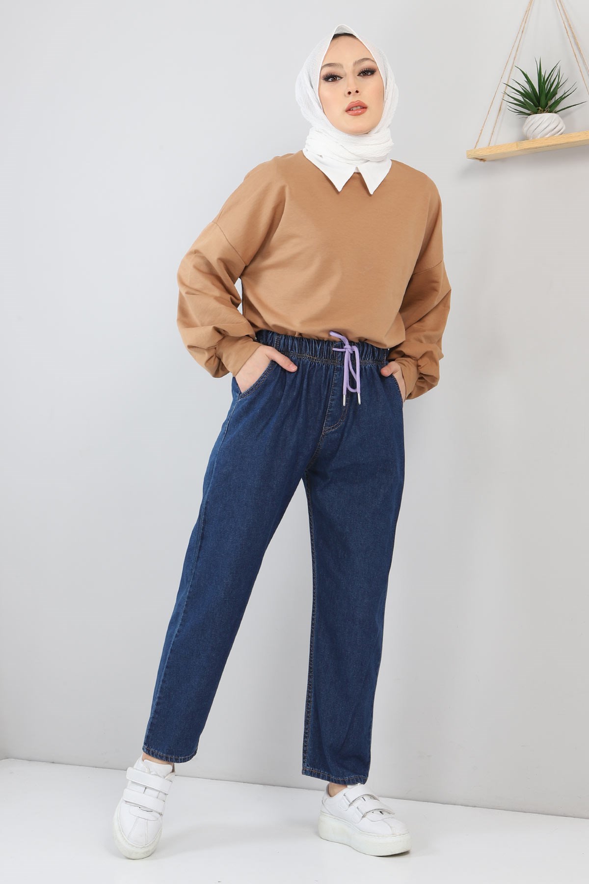 Beli Bağcıklı Lastikli Kot Pantolon Koyu Kot 6017