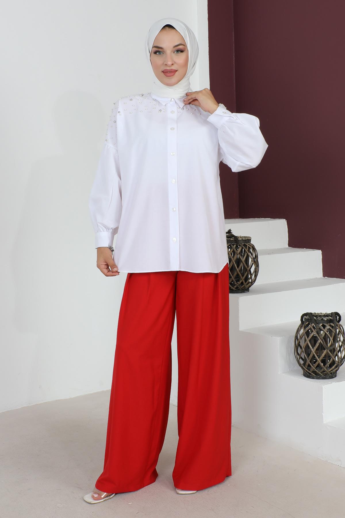 Beli Kuşak Detaylı Pantolon Kırmızı 6077