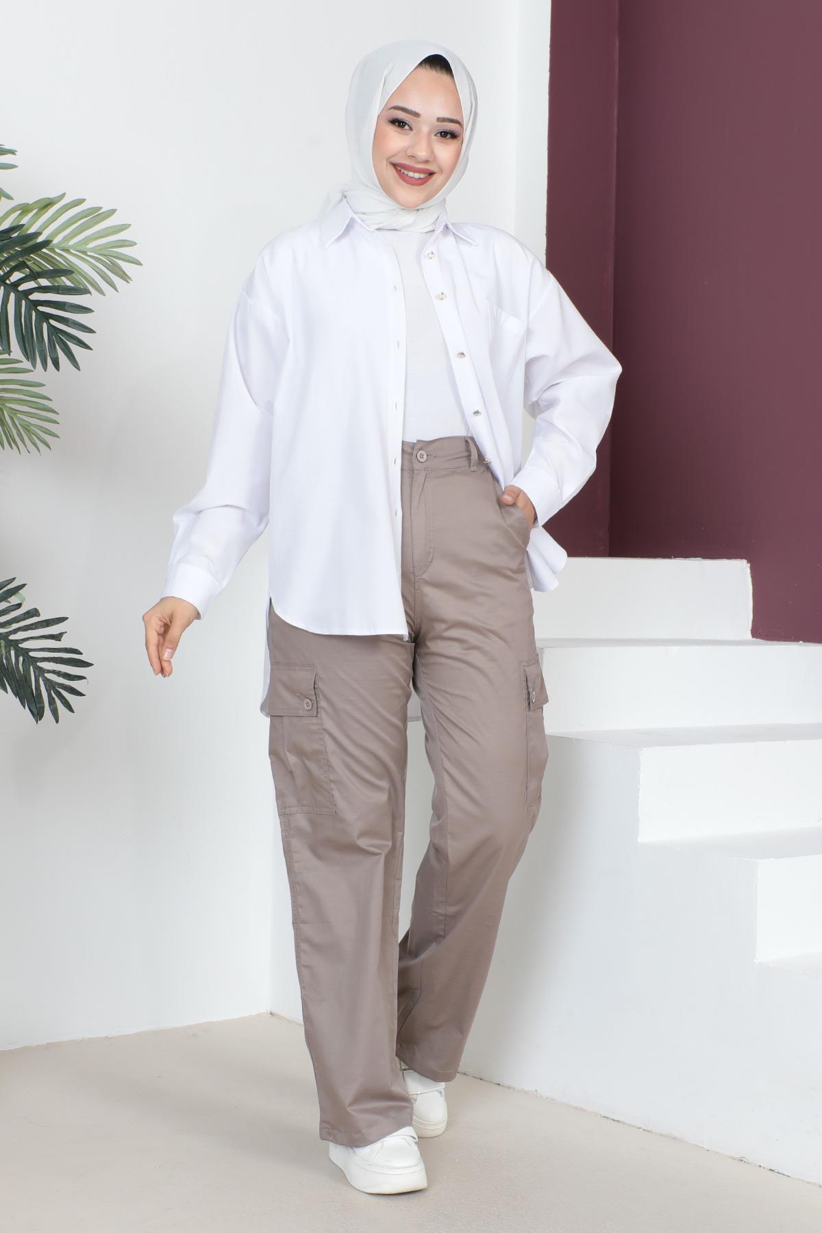 Beli Lastikli Bol Paça Pantolon Bej 6071