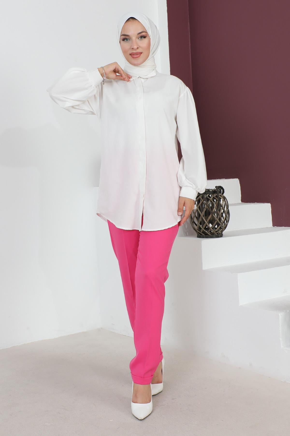 Beli Lastikli Bol Paça Pantolon Pembe 6080