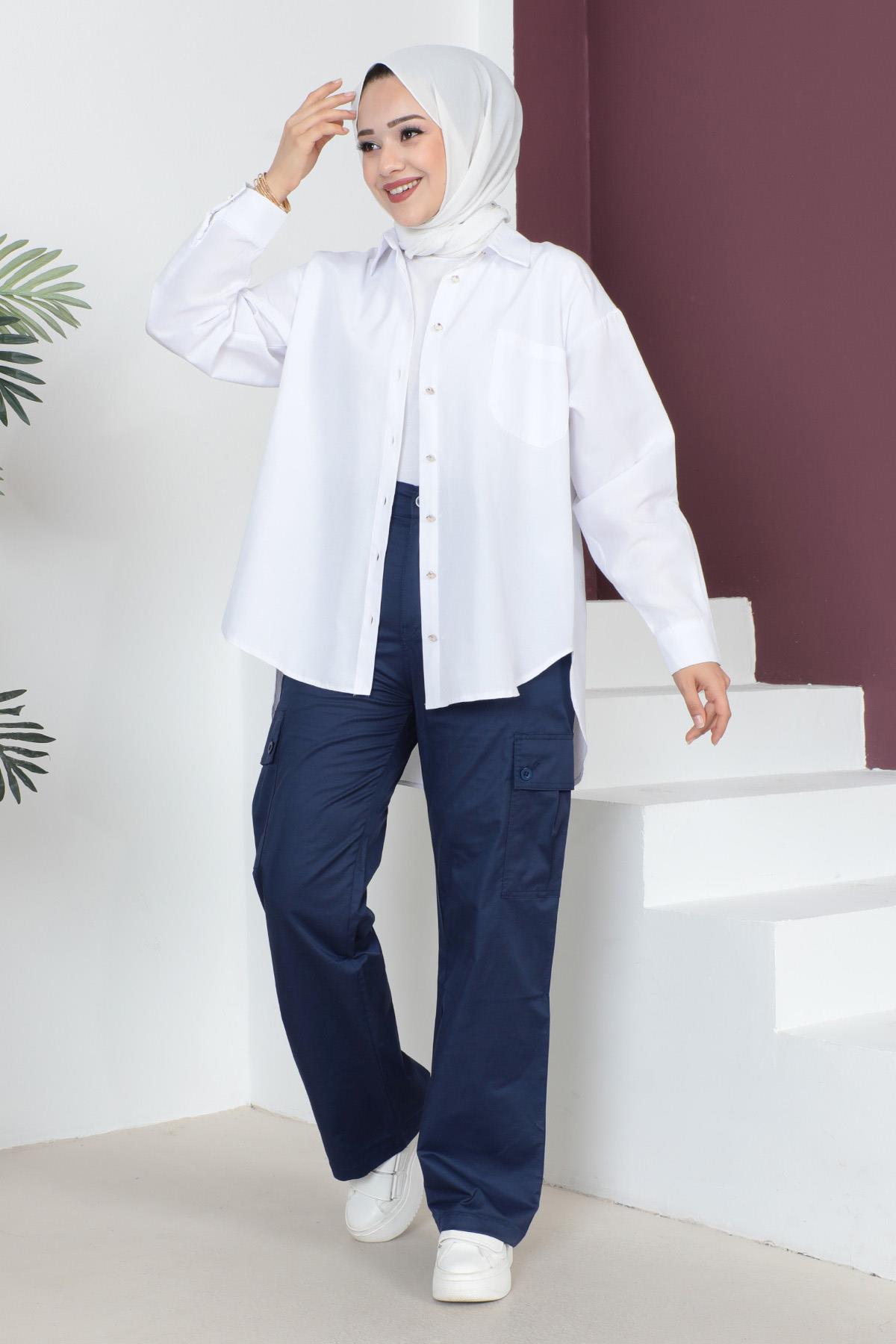 Beli Lastikli Bol Paça Pantolon Saks 6071
