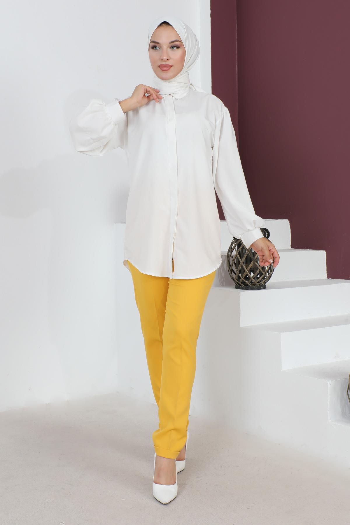Beli Lastikli Bol Paça Pantolon Sarı 6080