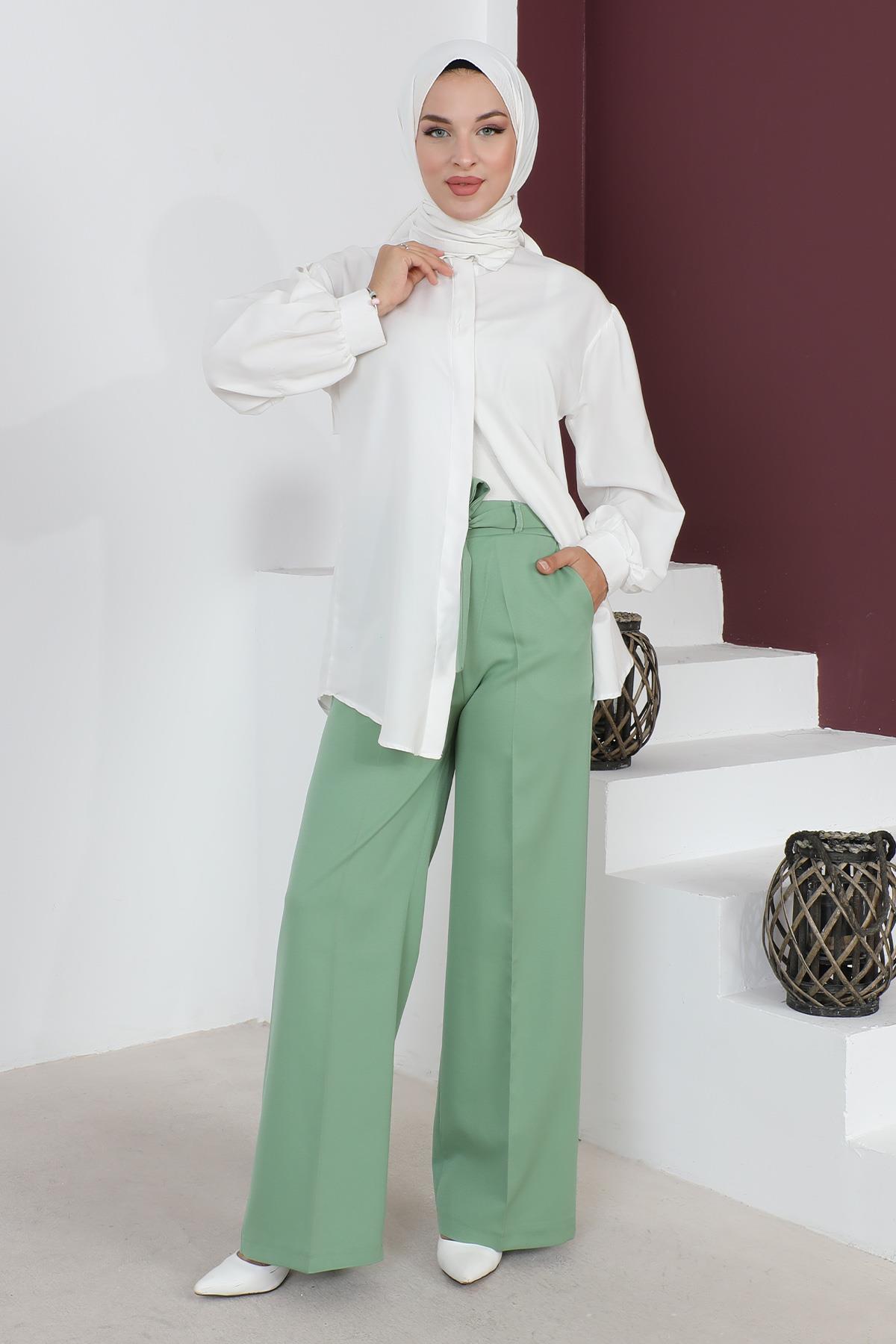 Beli Lastikli Bol Paça Pantolon Yeşil 6079