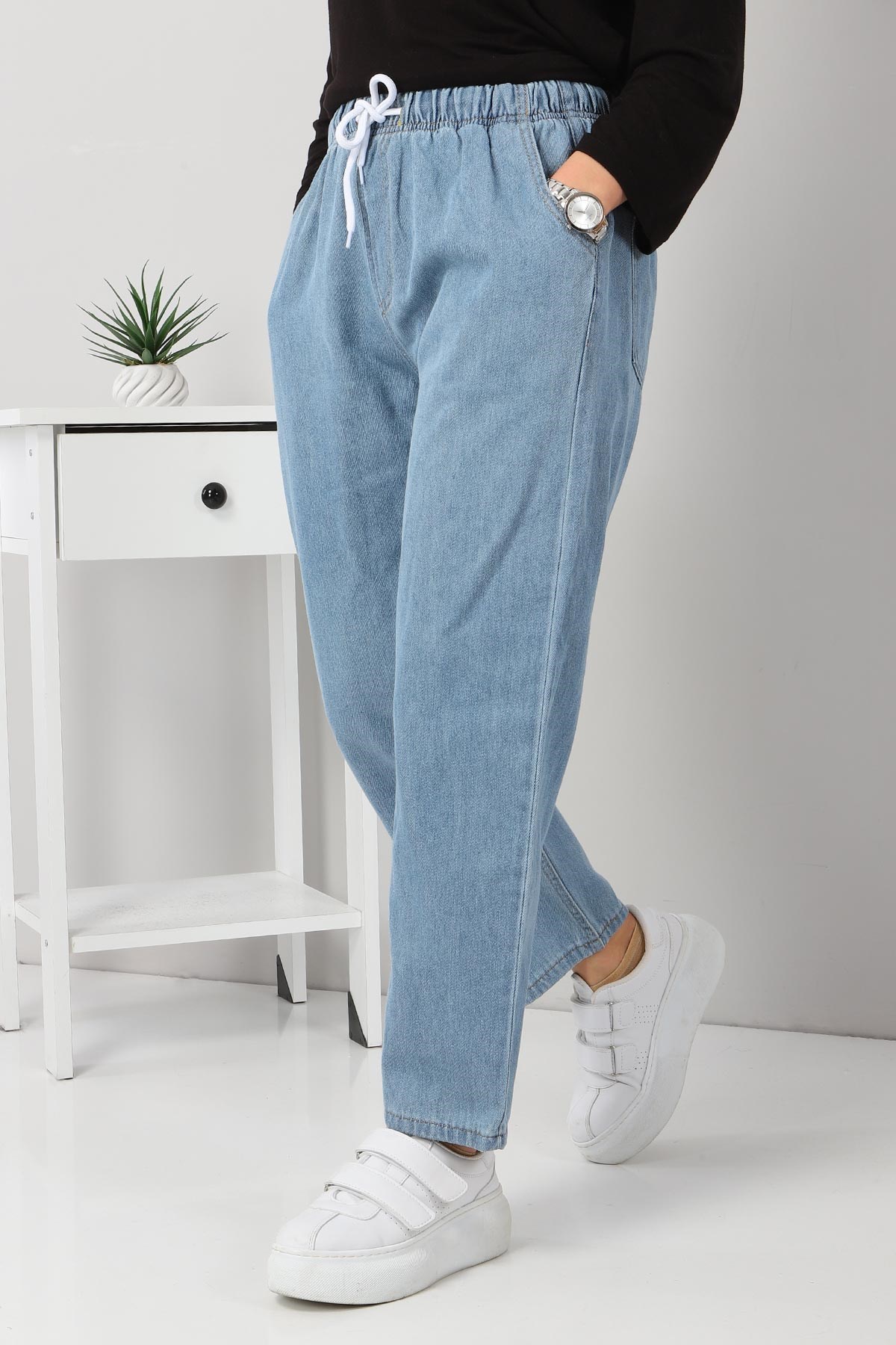 Beli Lastikli Boyfriend Kot Pantolon Açık Kot 5998