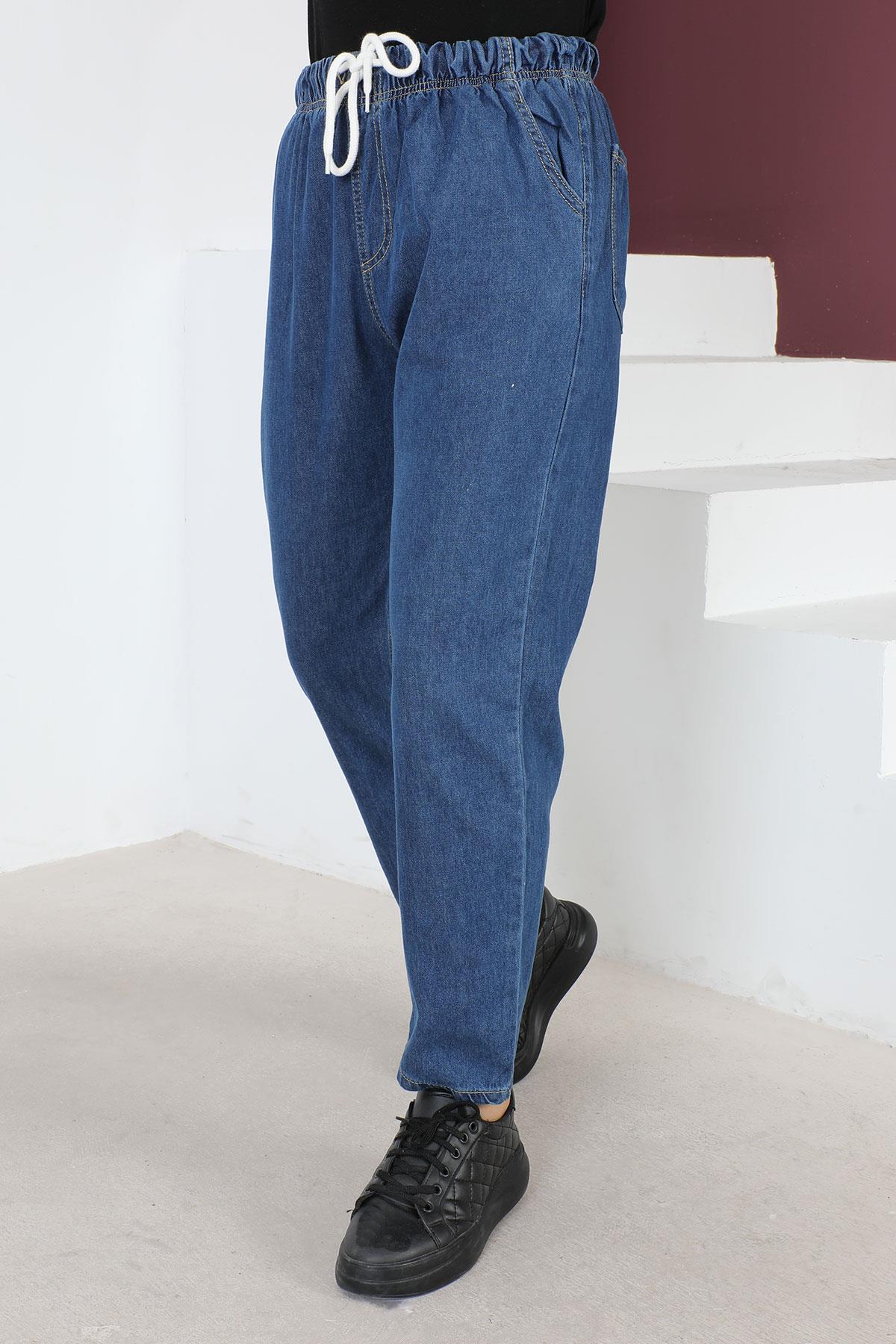 Beli Lastikli Boyfriend Kot Pantolon Mavi 5998