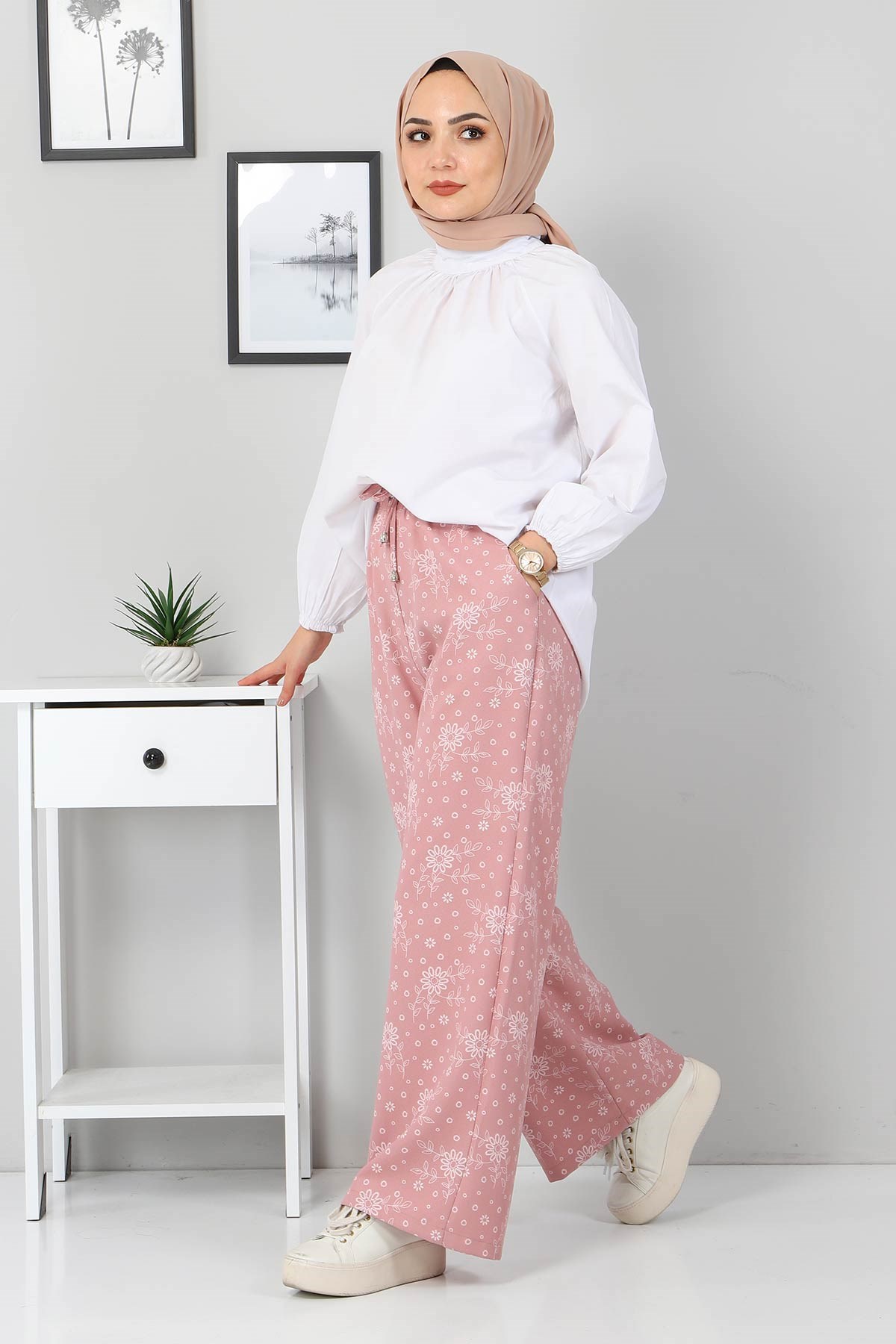 Beli Lastikli Çiçekli Pantolon Pudra 10779-4