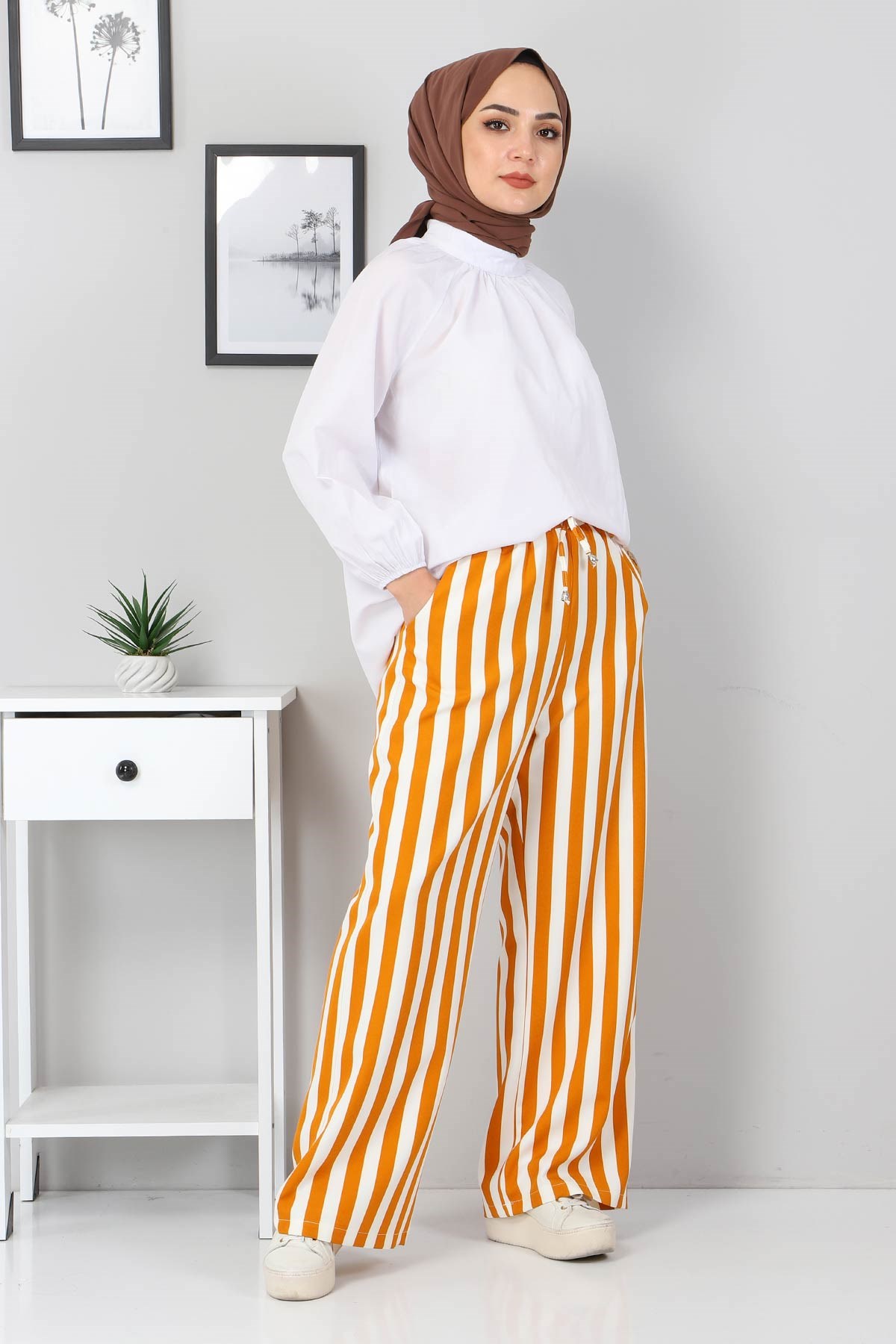 Beli Lastikli Çizgili Pantolon Hardal 10779