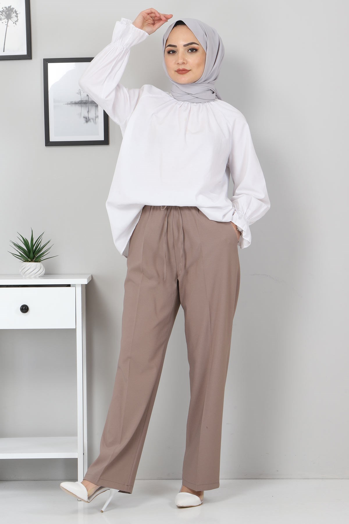 Beli Lastikli Pantolon Vizon 10778