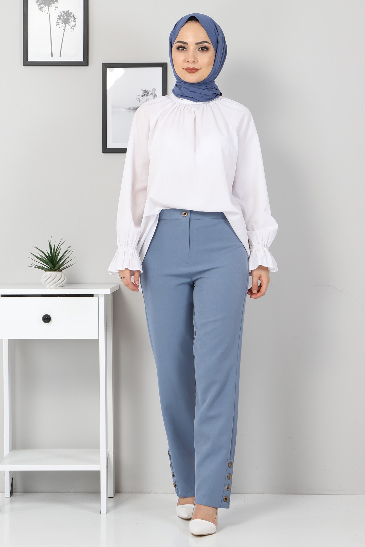 Biye Detaylı Kumaş Pantolon Mavi 10631