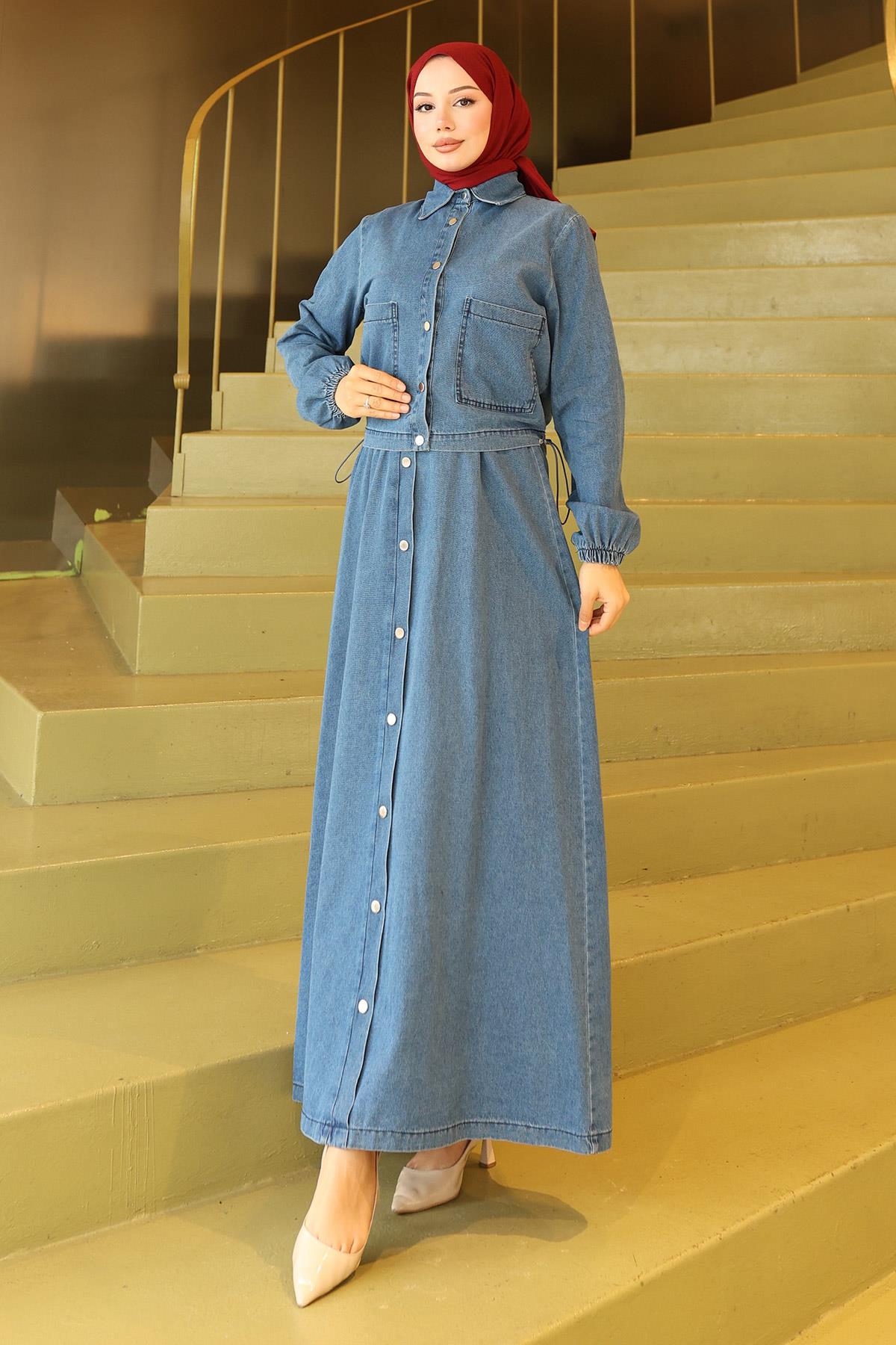 Boydan Düğmeli Ceketli Kot Takım Açık Kot 19281