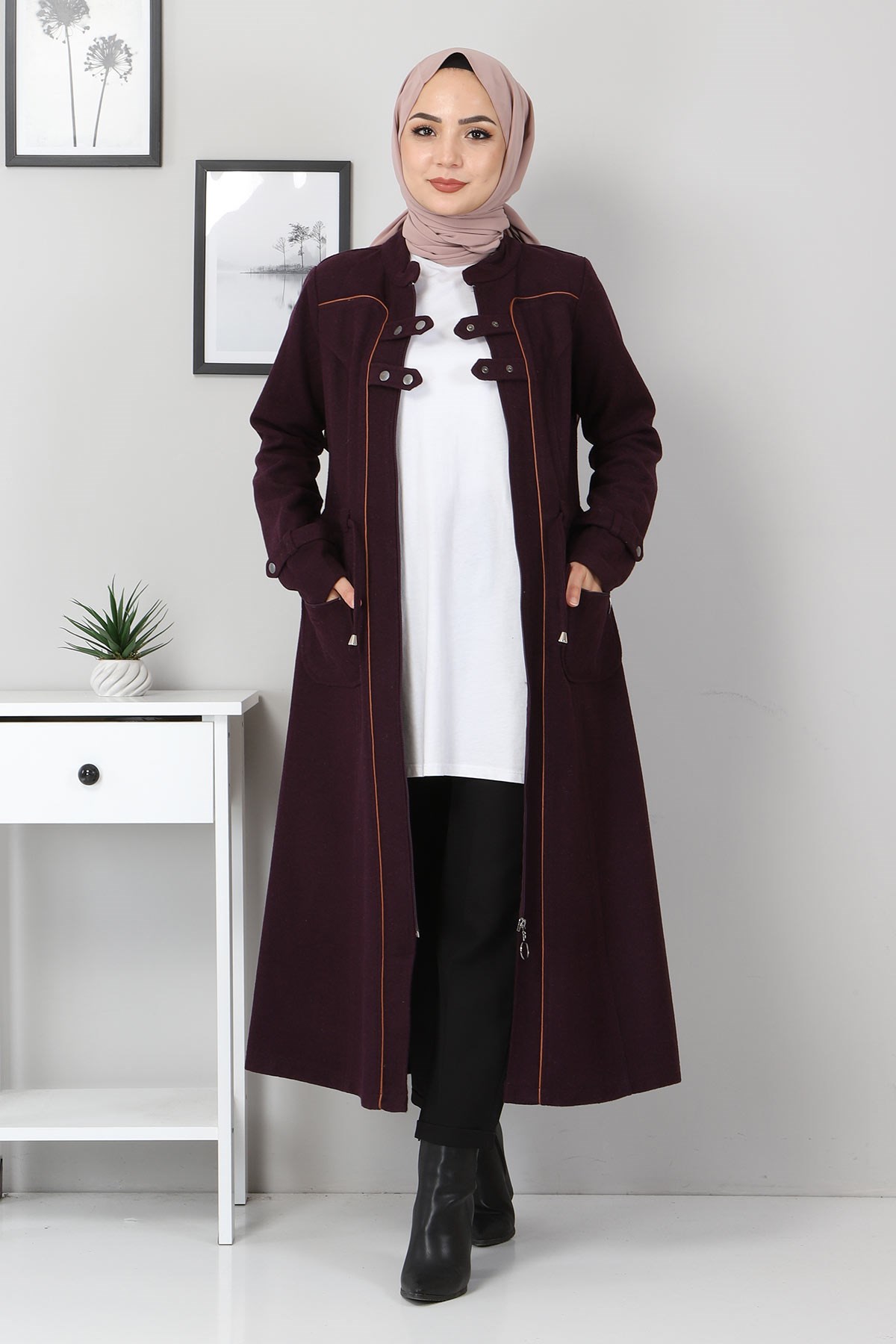 Brit Detaylı Kaşe Kaban Mor 10353