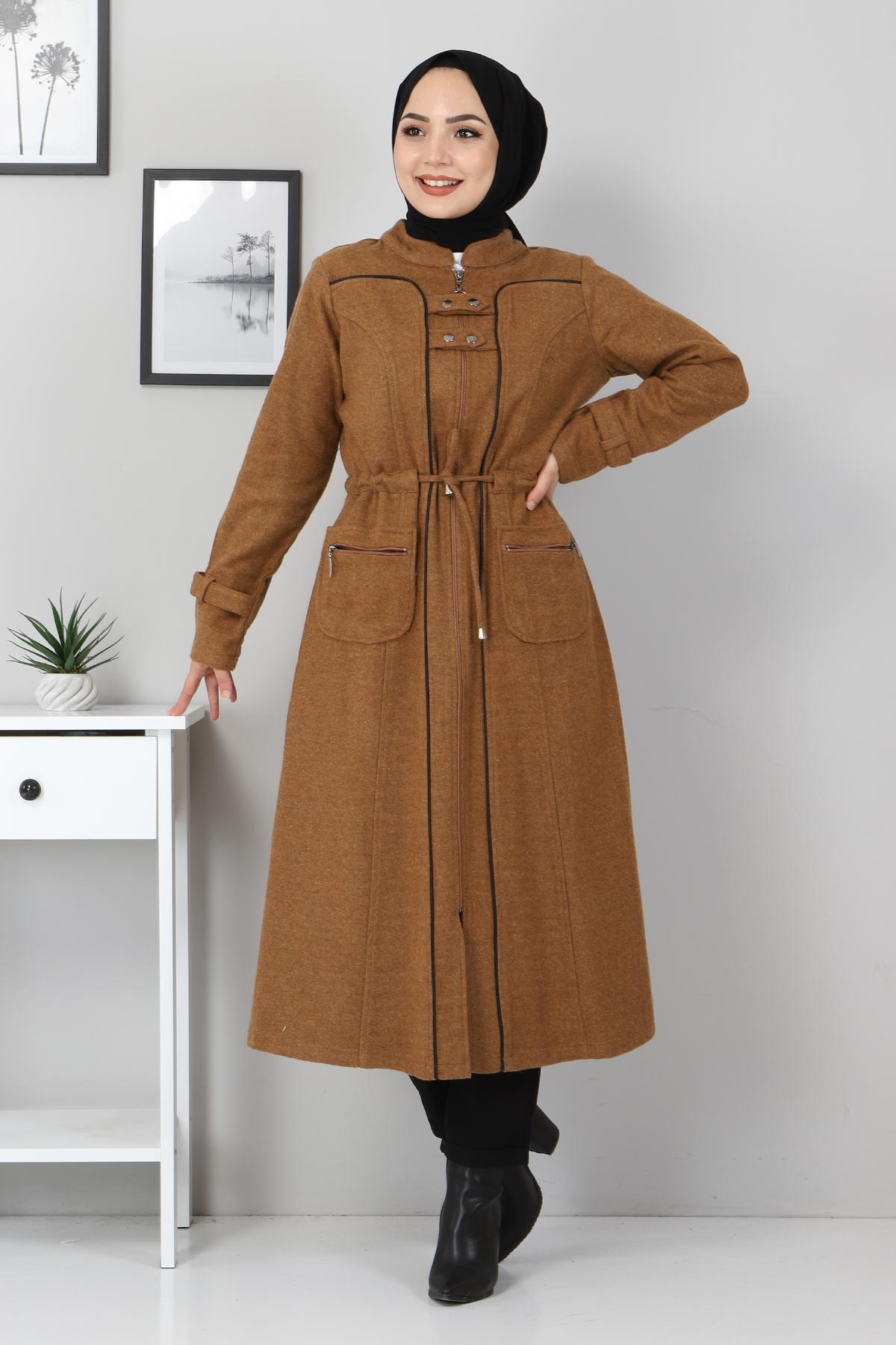 Brit Detaylı Kaşe Kaban Taba 10353