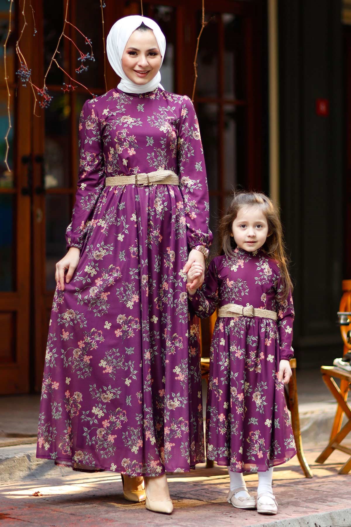Büyük Çiçekli Anne Elbise Mürdüm 10479